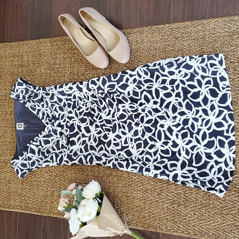 Anne Klein Navy Blue and White Midi Dress